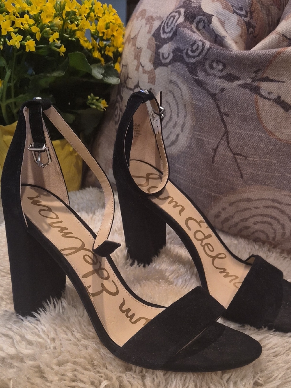 Sam Edelman Black Suede Ankle-Strap Block Heels